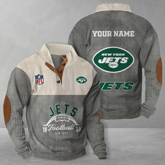 New York Jets Corduroy Stand Collar Sweatshirt, Men Football Clothing, Game Day Outfit
