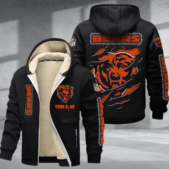 Personalized Chicago Bears Sherpa Lined Zip Hoodie, Football Fan Winter Jacket