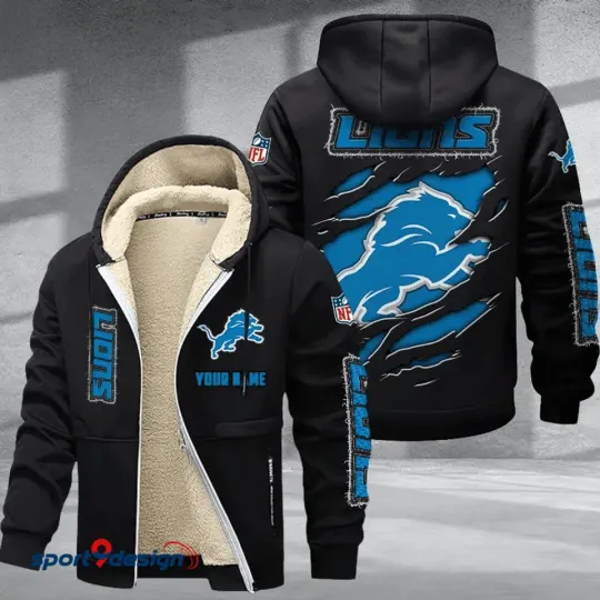 Detroit Football Lions Sherpa Lined Zip Hoodie, Football Fan Winter Jacket