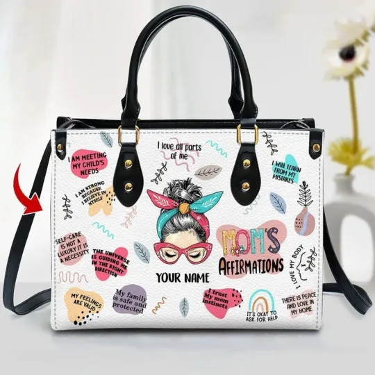 Discover Personalized Mom Daily Affirmations Leather Handbag, Inspirational Words Design