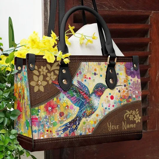 Discover Personalized Hummingbird Harmony Leather Handbag, Bird Lovers Gift, Animal Bag