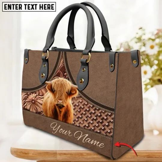 Discover Personalized Highland Cattle Leather Handbag, Cattle Lovers Gift, Animal Bag