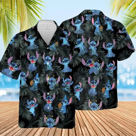 Discover Stitch 2025 Hawaiian Shirt, Cartoon All Over Print Button Up For Summer Trip