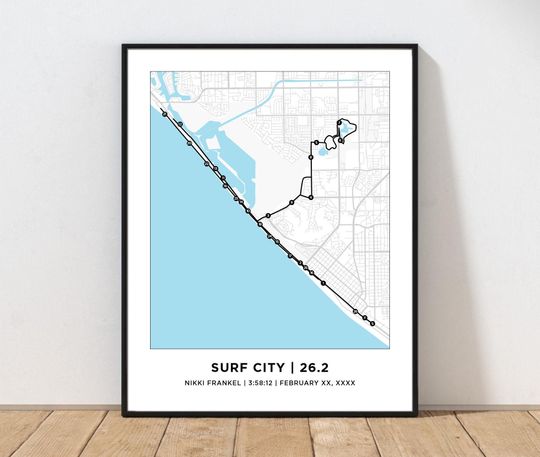 Discover Surf City 26.2 Marathoner Course Map | Personalized Surf City Route Map | Gift for Runners | 26.2 Map