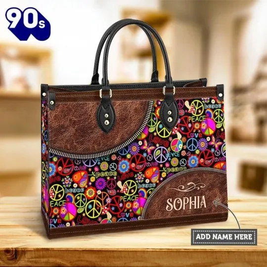 Discover Personalized Hippie Pattern Love Peace Leather Handbag, Peace Sign Tote Bag