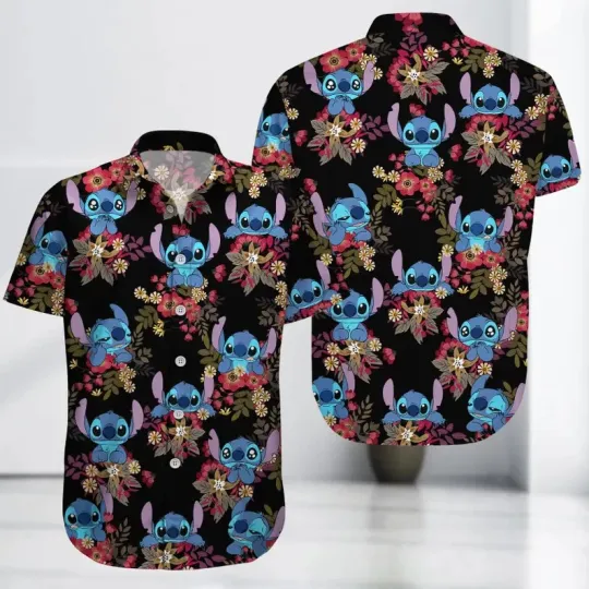 Discover Stitch Floral Hawaiian Shirt, Black Tropical Stitch Button Shirt 2025