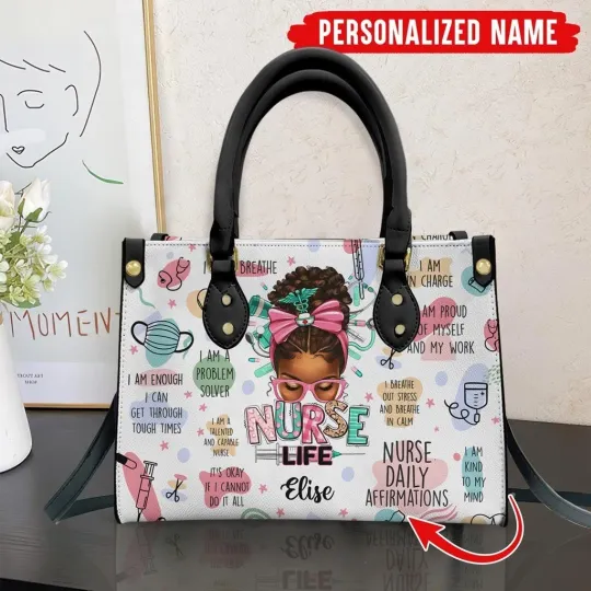 Discover Personalized Black Nurse Leather Handbag, Nurse Daily Affirmations Leather Bag