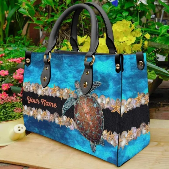 Personalized Turtle Salty Lil' Beach Leather Handbag, Ocean Lover's Bag