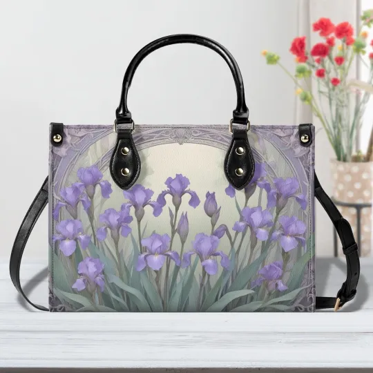 Discover Personalized Ethereal Irises Floral Leather Handbag, Gift For Flower Lovers