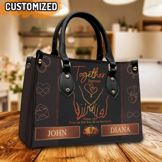 Discover Personalized Couple Together Forever First Kiss To Last Breath Leather Handbag