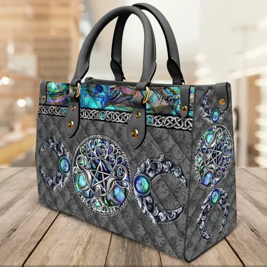 Discover Personalized Wicca Witch Triple Leather Handbag, Mystical Moon Phase Design