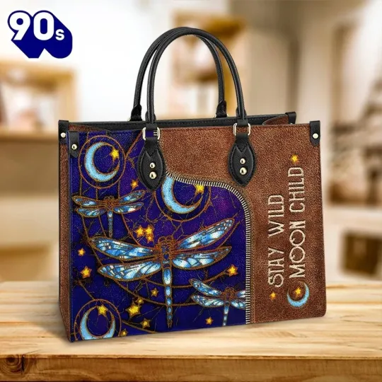 Discover Personalized Dragonfly Hippie Stay Wild Moon Child Leather Handbag, Animal Bag