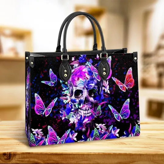 Discover Personalized Butterfly Skull Leather Handbag, Butterfly with Colorful Wings Bag