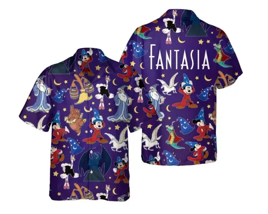Discover Sorcerer Mickey Magic Broom Fantasia Group Characters Hawaiian Shirt