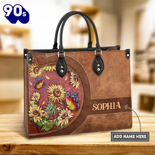 Discover Personalized Butterfly Sunflower Stained Glass Style Leather Handbag Gift