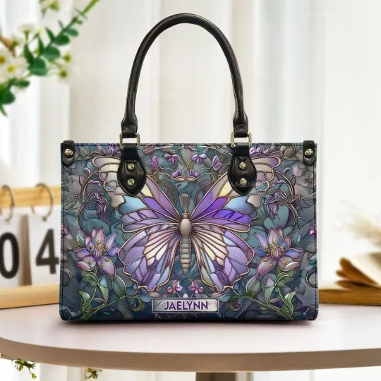 Discover Personalized Butterfly With Flowers Stained Glass Style Leather Handbag Gift