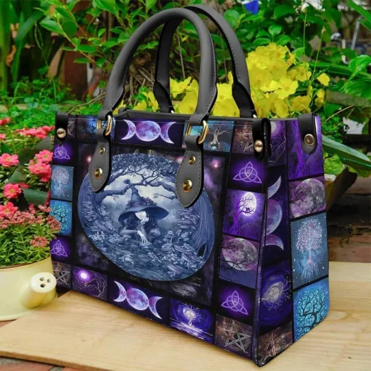 Witch Wicca Daydreamer Leather Handbag, Mystical Moon Phase Bag