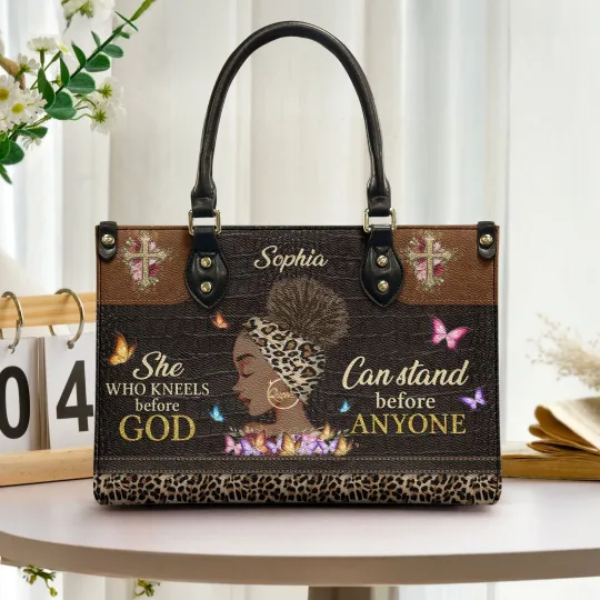 Discover Personalized Black Queen She Who Kneels Before God Can Stand Leather Handbag