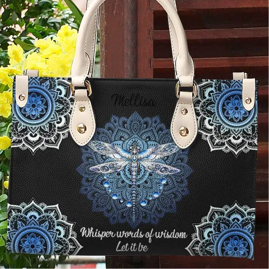Discover Personalized Dragonfly Whisper Words Of Wisdom Leather Handbag, Animal Bag