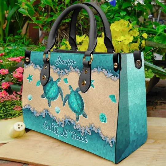 Discover Personalized Turtle Salty Lil' Beach Leather Handbag, Nature Lover's Bag