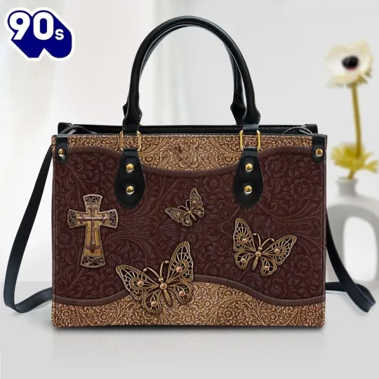 Discover Christian Cross And Butterfly Leather Handbag, Butterfly Lover Gift