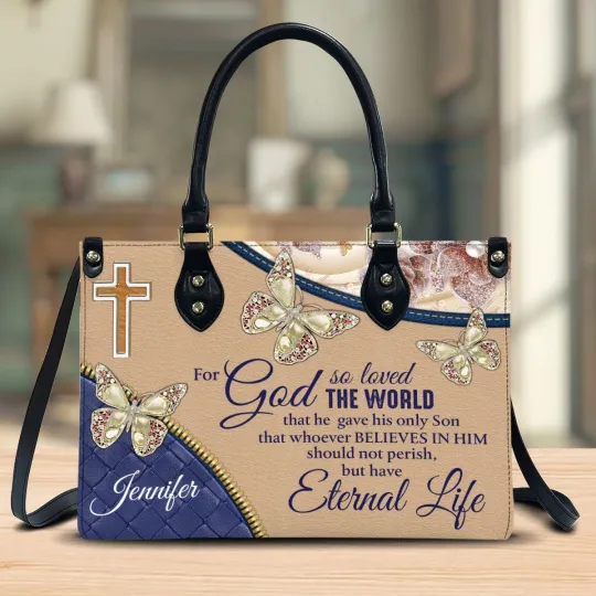 Discover Personalized Christian For God So Loved The World Leather Handbag, Eternal Life