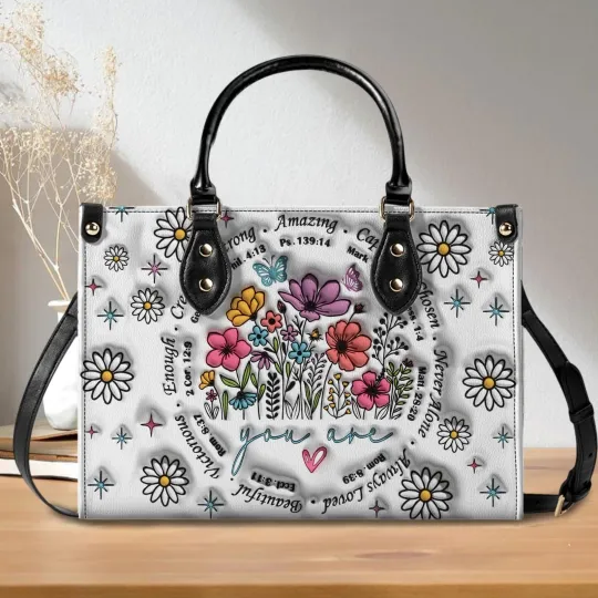 Discover Christian God Says You Are Leather Handbag, Flowers Decor Gift