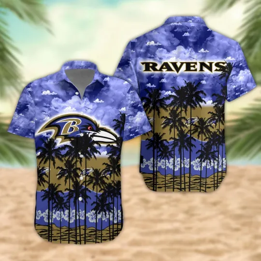 football Baltimore Ravens Palm Trees Sunset Hawaiian Shirt