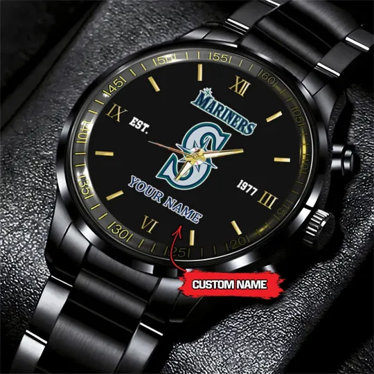 Discover Personalized Seattle Baseball Marinerss Team Men Black Stainless Steel Watch