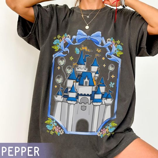 Discover Watercolor Princess Castle Floral Coquette Bow Shirt, Disney Fairytale Tee, Magic Kingdom Outfit, Mickey Balloons Shirt, Disneyland Trip