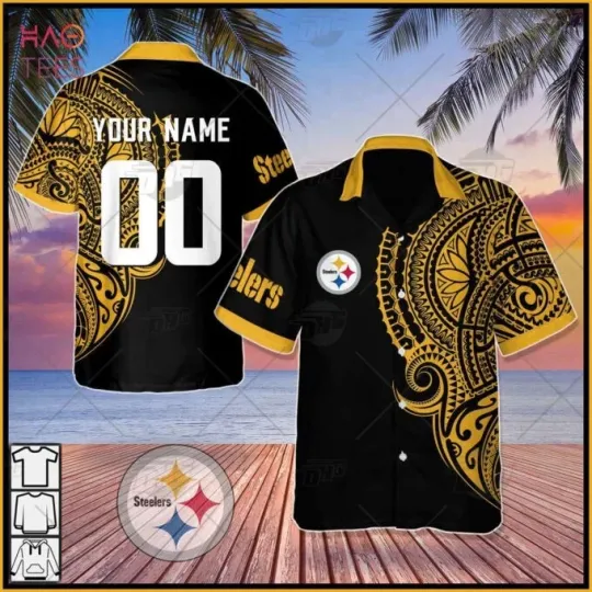Discover Personalize football Pittsburgh Steeler Polynesian Tattoo Design Hawaiian Shirt