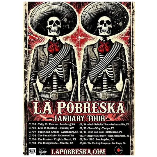 La Pobreska January Tour 2026 Punk Rock Concert Skeleton Art Poster