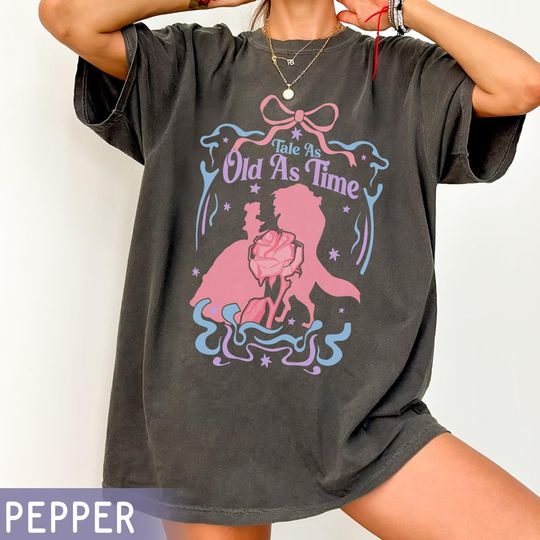 Discover Disney Beauty And The Beast Shirt, Tale As Old As Time Coquette Bow Tee, Retro Belle And Beast Silhouette, Disneyland Trip Matching Outdits
