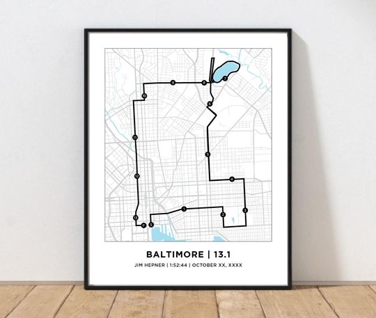 Discover Baltimore 13.1 Half Marathoner Course  | Personalized Baltimore Route Map | Gifts for Runners | 13.1 Map