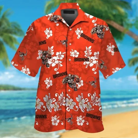 Cleveland Browns Aloha Hawaiian Shirt Red With Floral And Skull Print