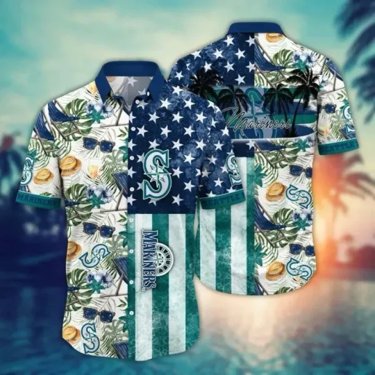Seattle Mariners Monstera Leaves American Flag Hawaiian Shirt