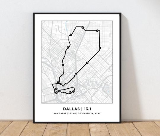 Discover Dallas 13.1 Course Map | Personalized Dallas Route Map | Gift for Runners