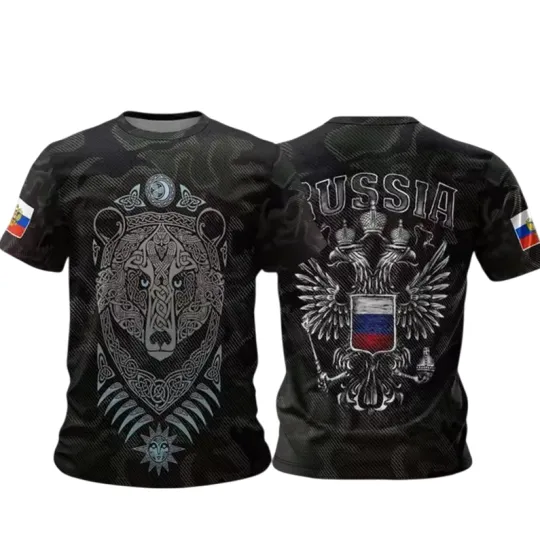 Russian Flag 3D Print T-shirt for Men Crew Neck Clothing