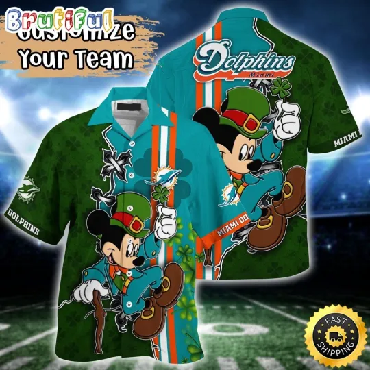 Discover Customized football Miami Dolphins Hawaiian Shirt Mickey Mouse Saint Patricks Day