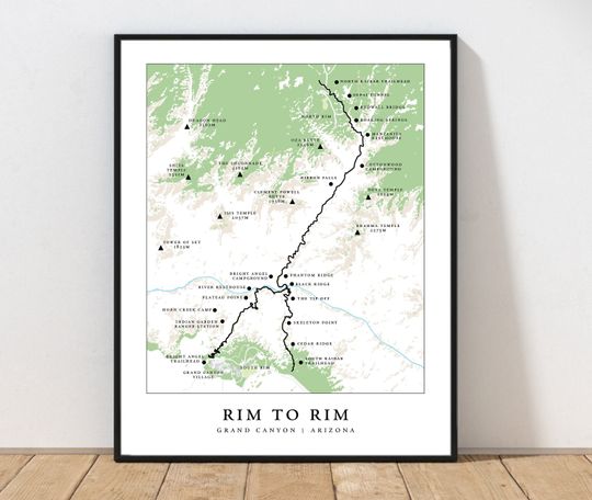Discover Rim To Rim Hiking Trail Map | Rim to Rim Print | Grand Canyon | Hiking Map