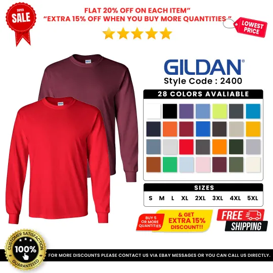 Discover Gildan G240 Men's Ultra Preshrunk Cotton Crew Neck Long Sleeve Tee Top T-Shirt