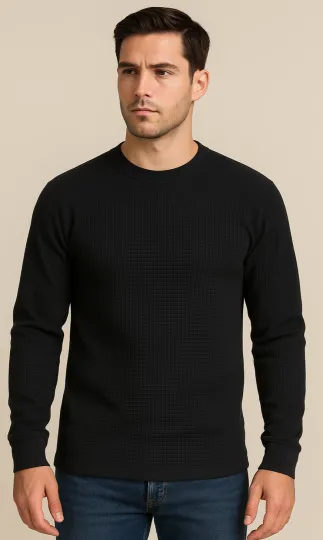 Discover Men's Cotton Waffle Knit Black Shirt Warm Thermal Top for Winter - Free Shipping