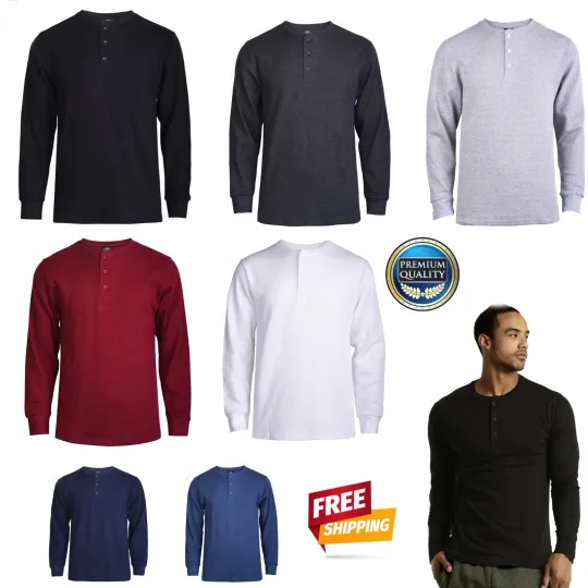 Discover New Men Thermal Henley Shirt T-shirts Long Sleeve Cotton Pullover Three Buttons