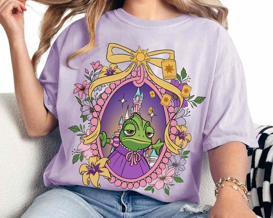 Discover Disney Tangled Flower Coquette Bow Pascal Purple Dress Shirt, Floral Rapunzel Tee, Disneyworld Disneyland Family Trip Matching