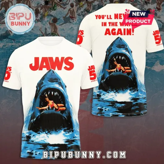 Discover Jaws 50th Anniversary 1975 – 2025 3D Apparel White AOP unisex