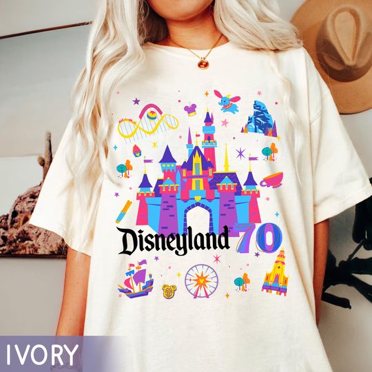 Discover Vintage Disneyland 70th Anniversary Shirt, Colorful Sleeping Beauty Castle Tee, Retro Park Icons Graphic, Disneyland Family Trip Outfits