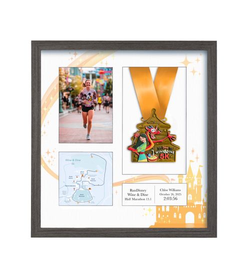 Discover 2025 Disney Wine and Dine Marathon Weekend Half Marathon Medal Display Frame: Personalized Solid Wood with Route Map