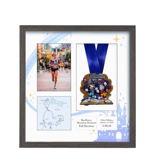 2026 RunDisney Marathon Weekend Full Marathon Medal Display Frame: Personalized Solid Wood with Route Map