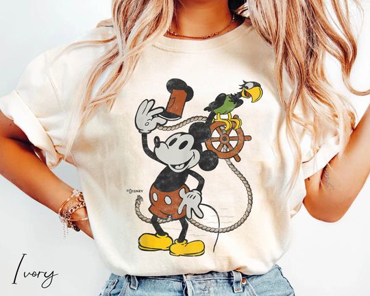 Discover Mickey Steamboat Willie With Parrot Comfort Colors Shirt, Original Mickey Mouse 1928, Vintage Disney Classic Washed T-shirt, Disneyland Trip