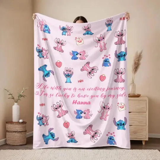 Discover Personalized Stitch Couple Blanket, Custom Name Pink Cartoon Blanket